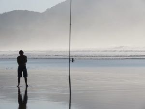 Piscis y un pescador en la costa del estado de Sao Paulo, cerca de Paraty.